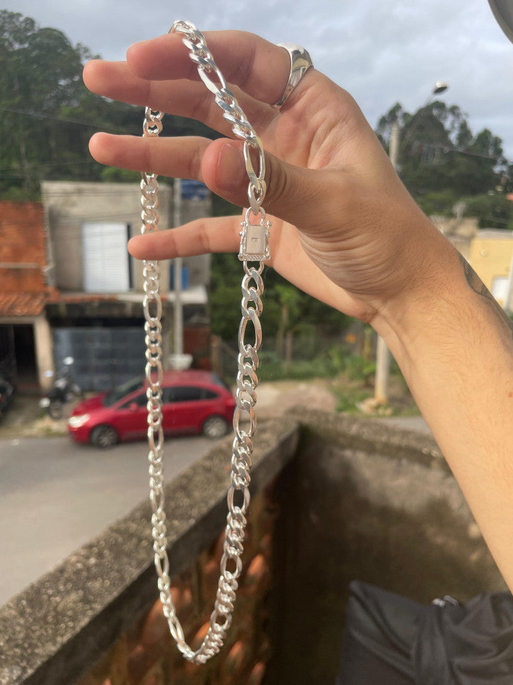Corrente Prata 925 Nacional - 10mm - Elo 1x1 Grumet - Fecho Gaveta Antifurto